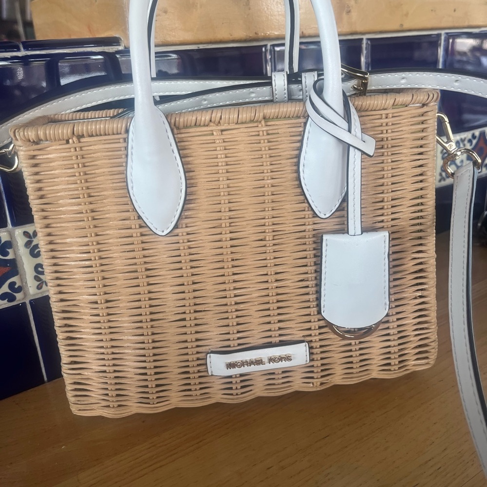 Michael Kors Wicker Mini Bag in Tan and White